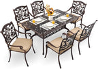 7-Piece Cast Aluminum Patio Furniture, Patio Dining Set for 6 Include 59" Rectangular Outdoor Dining Table and 6 Stackable Chairs with Cushions & Umbrella Hole (Copper Red)