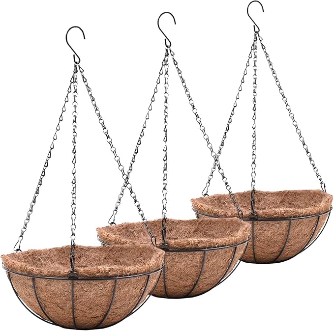 Metal Hanging Planters Basket Set of 3 Hanging Flower Pots 12 Inch Chain Round Wire Plant Holder with Coco Coir Liner Garden Watering Hanging Baskets for Patio Garden Outdoor1