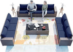 ALAULM 12 Pieces Outdoor Patio Furniture Set Sectional Sofa Sets Brown PE Rattan Patio Conversation Set w/10 Dark Blue Seat Cushions and 2 Coffee Tables