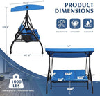 Grepatio Outdoor Porch Swing with Canopy and Stand, 3 Person Patio Swing for Adults, Convertible 2 in 1 Porch Bed Swing with Cup Holder, 3 Seat Swings with 2 Pillow Cushions for Garden, Yard (Blue)