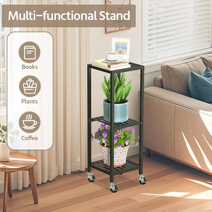 LASZOLA 3 Tier Black Metal Plant Stand Indoor Outdoor with Wheel for Large Planter, Modern Heavy Duty Tall Rolling Rack for Corner House Bathroom Patio Floor, Iron Flower Shelf Holder for Orchid Fern