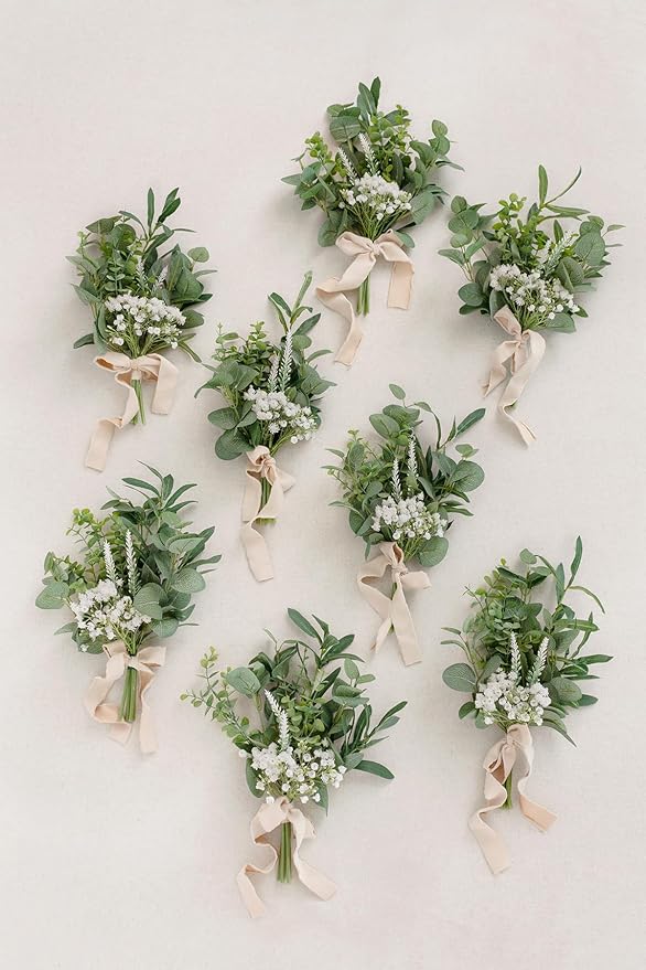 Artificial Flowers Wedding Aisle Pew Markers, 8 Pack White with Ribbon Cards