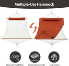 Outdoor Double Hammock with Hardwood Spreader Bars, Large Rope Hammock with Polyester Pad and Pillow, 475 LBS Capacity for 2 Person Patio Backyard Poolside - Terracotta