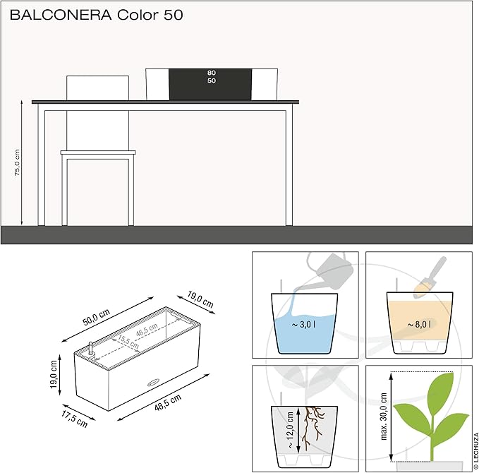 Lechuza BALCONERA Color 50 Slate, Self-Watering Window Box (Railing Planter), H7.5 L19.7 W7.5 in