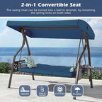 3-Seat Outdoor Porch Swing with Stand, Patio Swing with Canopy, 2 in 1 Porch Swing Bed & Patio Swing Chair for Adult w/Extra Pillows and Cup Holder for Yard (Blue)