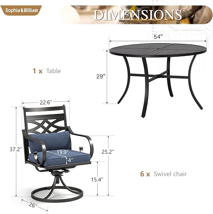 Sophia and William Swivel Patio Dining Set for 6, Outdoor Table and Chairs, Removable Seat Cushions, Black 54" Round Patio Dining Table,Blue