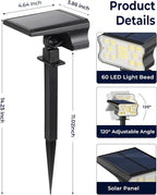 HGGH Solar Lights Outdoor Waterproof IP67, 60 LED 3 Lighting Modes Solar Spot Lights Outdoor for Yard Garden Pathway Landscape, Auto On/Off, Function 2 in 1(Cool White, 4 Pack)
