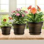 Plant Planters Pots Set of 4 Pack 8 Inch, Plastic Flower Pot For Indoor Plants With Drainage Holes & Trays, Resin Decorative Container Sets With Saucer For House Outdoor Garden Planters Dark Gold