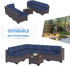 Kullavik 7 Pieces Outdoor Patio Furniture Set PE Wicker Rattan Sectional Sofa Patio Conversation Sets,Navy Blue