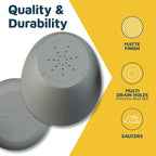Gray Plant Pots with Drainage Holes & Saucers 15 Pack, Indoor & Outdoor Stackable Space-Saving Planters for Houseplants & Flowers, (7", 6.7", 6", 5.3", and 4.8" Inches), Durable & Weatherproof