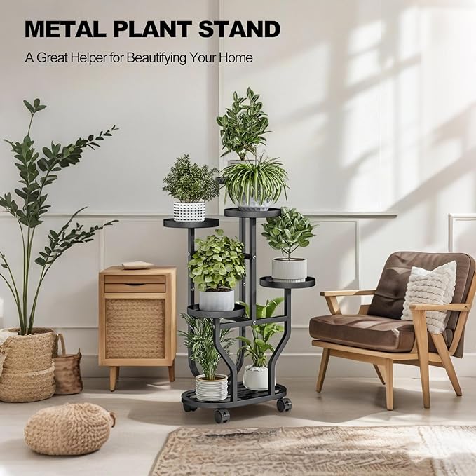 Plant Stand 5 Tier Indoor Outdoor Metal Flower Shelf with Wheels Multi Plants Holder Display Rack for Garden Patio Balcony Living Room Black (Black, 5 Tier)