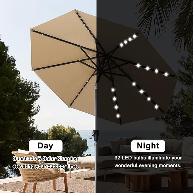 ABCCANOPY Durable Solar Led Patio Umbrellas with 32LED Lights 9FT (khaki)