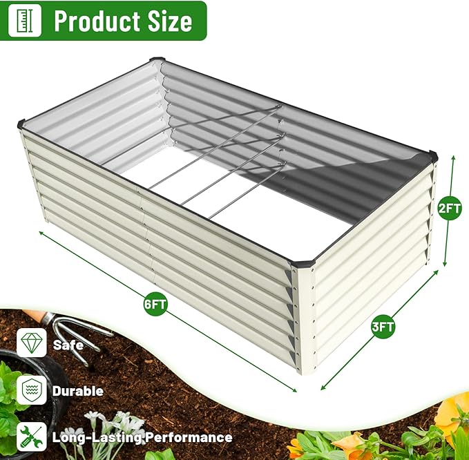 SnugNiture Galvanized Raised Garden Bed 6x3x2FT Outdoor Large Metal Planter Box Steel Kit for Planting Vegetables, Flowers, Beige White