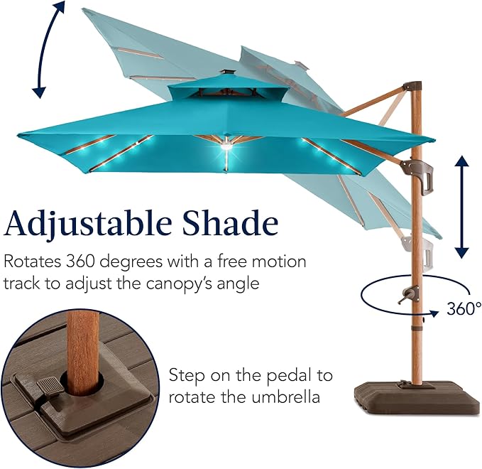 Best Choice Products 10ft Square Cantilever Patio Umbrella w/Base Included, Woodgrain Pattern Pole & Solar LED Lights, 360-Rotation, Offset Hanging Outdoor Shade - Cerulean