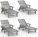Patio Chaise Lounge Chair Set of 4, Oversized Lounge Chair Outdoor with 5 Positions, HDPE, Patio Lounge Chair with Wheels & Cup Holder for Pool, Deck, Poolside,Grey