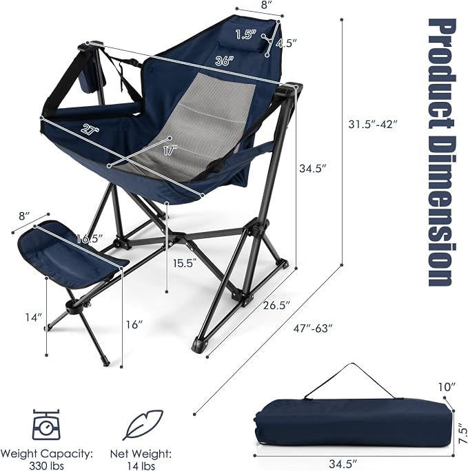 Folding Camp Chair in Navy with Adjustable Backrest, Headrest and Carry Bag