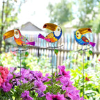 Decorative Garden Stakes,Set of 3 Toucan Stained Glass Metal Yard Art Outdoor,Waterproof Spring Garden Stakes Decorative for Lawn Patio Pathway