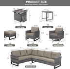 Patio Sectional Furniture Set with Fire Pit Table: 10 Pieces Wicker Patio Conversation Set with L Shaped Sofa, Outdoor Swivel Glider Rocker, Rattan Club Chairs, Ottomans, Removable Cushions Grey