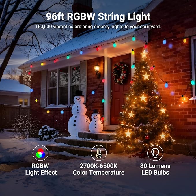 NEEWER 96ft Outdoor String Lights, App Control Smart AI RGBW Hanging Outside Warm White Patio Balcony Backyard Lighting, IP65 Waterproof, 30 LED Bulbs, 50+ Scenes, Compatible with Alexa Google, NR01