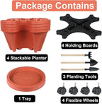 GameXcel Vertical Planter 4 Tier Stackable Planters Garden Planters Strawberry Herb Flower and Vegetable Planter Indoor Outdoor Gardening Pots with Removable Wheels and Tools