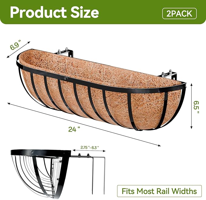 Halatool 2 Pack Heavy-Duty Metal Deck Railing Planter Box, 24 Inch Rust-Resistant Window Boxes Planters with Coco Liner & Adjustable Brackets, Grow More On Your Balcony, Patio & Fence