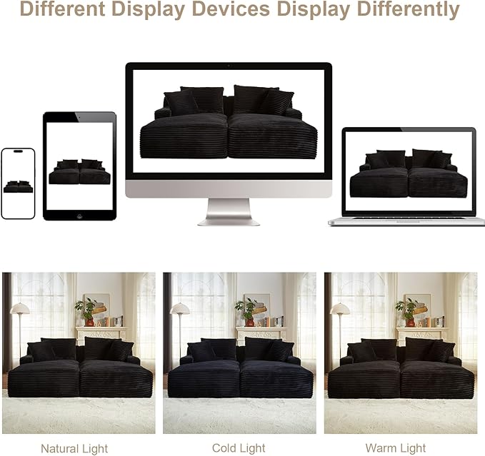 80" Double Chaise Lounge Chair Indoor, Oversized Boneless Couch Comfy Upholstered Sleeper Sofa Bed with 4 Pillows, Corduroy Cloud Loveseat Chair for Living Room No Assembly Required, Black