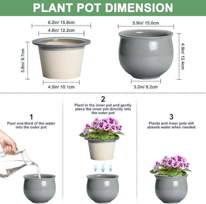 6 Inch Ceramic African Violet Pot, Easy Self Watering Pots with Absorbent Inner Pot, Round Self Watering Planter, Ceramic Pots for Plants Indoor, Apartment Decor, Housewarming Gifts, Grey