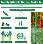 Cludoo 342PCS Garden Stakes Set with 100 Sets Fiberglass Plant Stakes Sticks Supports and Accessories, DIY 4ft 5ft 6ft 7ft Tomato Stakes for Tomato,Vegetables, Pepper, Indoor Outdoor Spring Plants