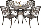VINGLI 5 Pieces Outdoor Patio Dining Set, Cast Aluminium Patio Furniture Set with 4 Chairs and 1 Umbrella Table for Yard, Garden, Porch and Poolside, Bronze