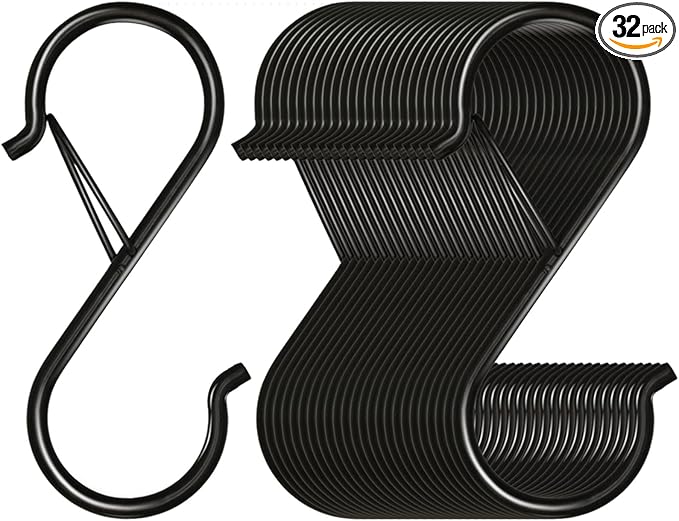 32 Pack S Hooks for Hanging, 3.5 inch Heavy Duty Metal S Hooks with Safety Buckle S Shaped Hooks Pot Rack Closet Hooks for Hanging Plants, Clothes, Kitchen Utensil, Pots, Pans, Bags (Black)