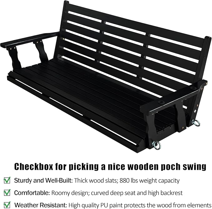 Porch Swing, 3-Seat Fir Wood, Carbon Black, 800 lb Capacity
