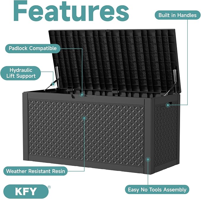 Outdoor Storage Box, 100 Gal Black Resin Deck Box with Lockable Hydraulic Lid