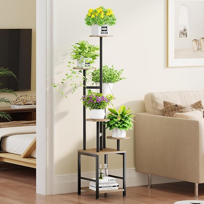 Plant Stand Indoor with Grow Light,6-Tiered Tall Plant Stand Indoor, Metal Plant Shelf with Adjustable Light, Ideal for Living Room, Garden, Patio (Black Brown)