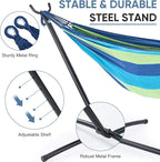 DUMOS Double Hammock with Space Saving Stand, Heavy Duty Steel Frame, Portable for Outside & Indoor Use, 450lbs Capacity, Easy Assembly, Carrying Bag Included, Blue