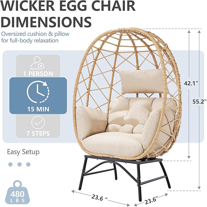 Egg Lounge Chair in Beige Wicker, Oversized with Cushions