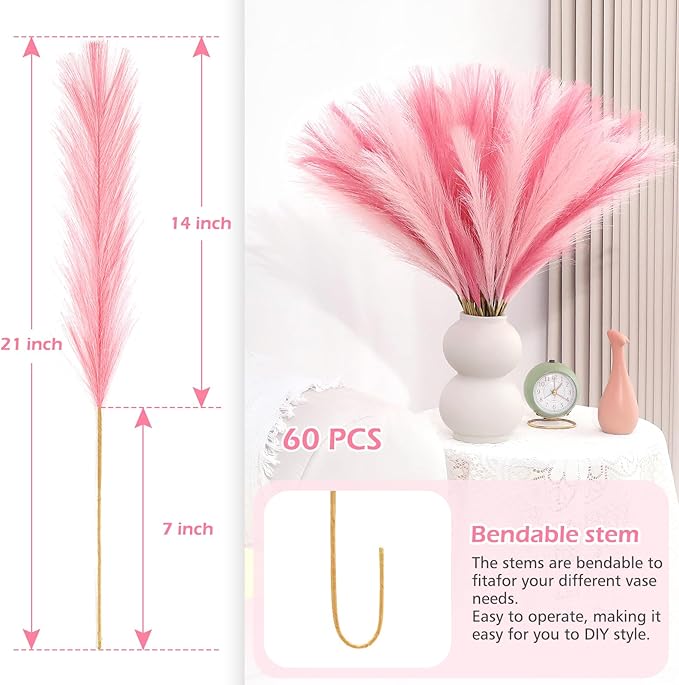 Faux Pampas Grass Stems 60 Count Dark and Light Pink 21.7 Inch