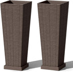 Greesum Set of 2 Tall Plastic Planters with Saucer, 24 Inch Large Pots with Drainage Trays, Weather-Resistant Plastic Plant Containers for Patio, Porch, Garden,Brown