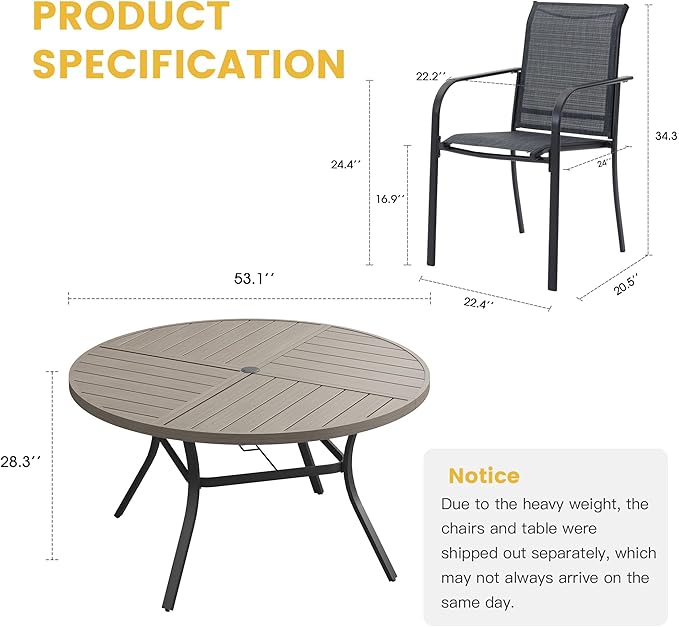 VICLLAX Patio Table and Chair Set of 8, All Weather Metal Round Outdoor Dining Furniture Set-53 Round Outdoor Table and Chairs, Grey Wood Grain Tabletop