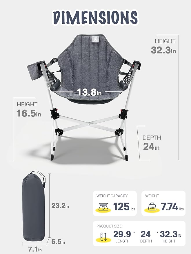 Kids Hammock Camping Chair, Grey, Foldable with Cup Holder and 125 lb Limit
