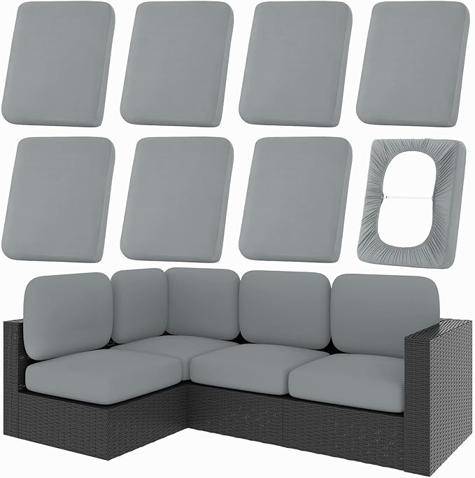 Patio Cushion Covers 8-Piece Gray Stretch Set with Elastic Straps