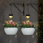 BAYN 2 Packs Solar Hanging Basket Planters for Plants Outdoor, Self Watering White Flower Plants Pots with Solar Light Drainer for Balcony Patio Garden Outdoor Decoration