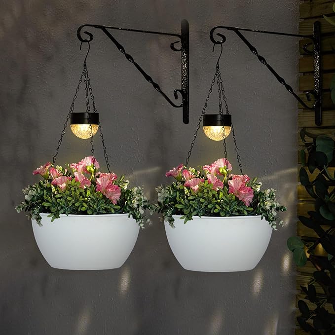 BAYN 2 Packs Solar Hanging Basket Planters for Plants Outdoor, Self Watering White Flower Plants Pots with Solar Light Drainer for Balcony Patio Garden Outdoor Decoration