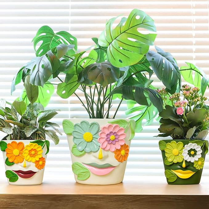 GUGUGO 8 Inch Large Flower Face Planters, Abstract Unique Head Plant Pot with Drainage, Rainbow Colorful Cute Flower Plant Pots for Indoor Plants, Funny Gardening Pot Gift Home Décor, Green&White