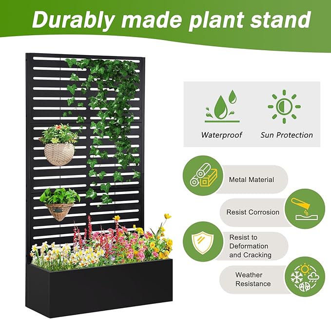 Metal Raised Garden Bed with Trellis,Planter Box for Climbing Plants, Vegetables & Vines, Features Drainage Holes and Privacy Screen.raised garden beds outdoor planters for porch (Black, 71"x35"x16")