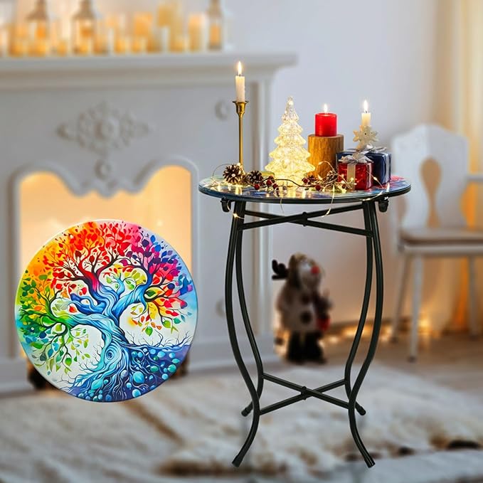 Fashion&cool Outdoor Side Tables, 14" Round Patio Side Table, Weather Resistant Metal End Table Side Table for Patio Yard Porch Balcony Garden Bedside, Plant Stand for Indoor Outdoor