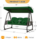 3 in 1 Outdoor Porch Swing with Adjustable Canopy, 3 Seat Outdoor Swing for Adults, Patio Swing Chair with Thickened Cushions,Pillows & Cup Holders for Backyard, Porch, Garden (Green)