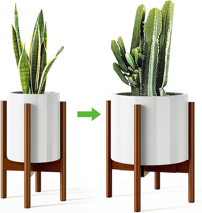MUDEELA Plant Stand for Indoor Plants: Adjustable Width Fits 8–12 Inch Pots - Mid Century Modern Bamboo Plant Stand - 14.5 Inch Single Tier Small Floor Plant Holder, Dark Brown, 1 Pack (Without Pot)