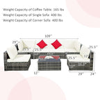 Tangkula 7 Pieces Wicker Patio Furniture Set, All-Weather Outdoor Rattan Sectional Sofa Set with Cushions & Tempered Glass Coffee Table, Outside Sofa Set for Garden, Lawn, Deck, Backyard (White)