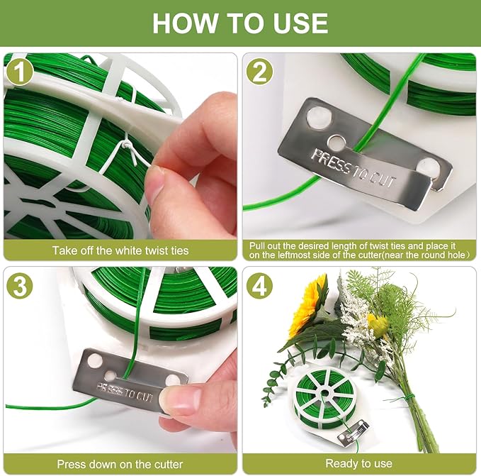 Plant Support Ties, Green Coated Wire, 1312 Ft Roll with Built-in Cutter