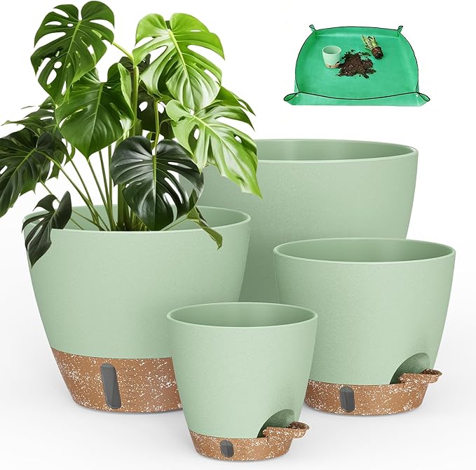 Plant Pots, 12" 10" 6" 8" Inch Self Watering Pots with Water Level Indicator, Set of 5 Flower Pots Indoor with Drainage Holes, Modern Planters for Indoor Outdoor Plants, Room & Office Décor